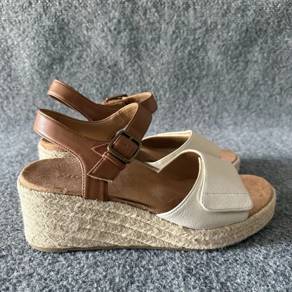 Vionic Sable Brown White Leather Espadrille Wedge Sandals Womens 9 Boho Comfort